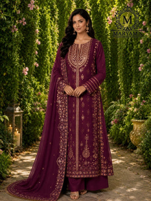 Rajwada Maroon Georgette Embroidered Semi Stitched Kurta Set For Women