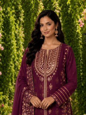 Rajwada Maroon Georgette Embroidered Semi Stitched Kurta Set For Women