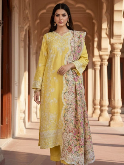 Rajwada Yellow Cotton Embroidered Semi Stitched Kurta Set For Women