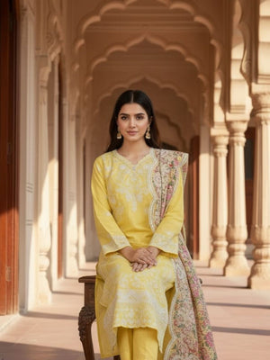 Rajwada Yellow Cotton Embroidered Semi Stitched Kurta Set For Women