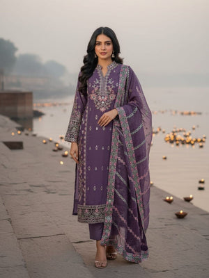 Rajwada Purple Organza Embroidered Semi Stitched Kurta Set For Women