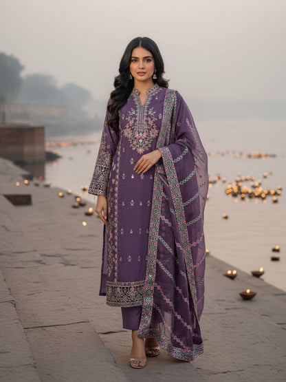Rajwada Purple Organza Embroidered Semi Stitched Kurta Set For Women