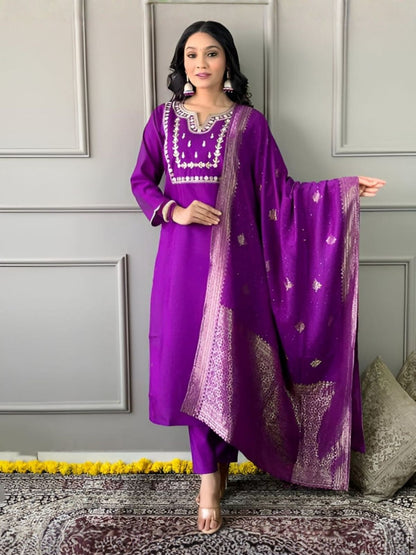 Rajwada Purple Cotton Embroidered Stitched Kurta Set For Women
