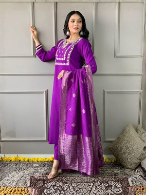 Rajwada Purple Cotton Embroidered Stitched Kurta Set For Women
