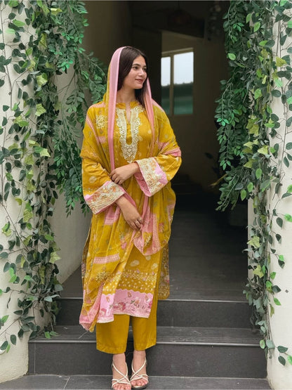 Rajwada Mustard Yellow Cotton Embroidered Stitched Kurta Set For Women