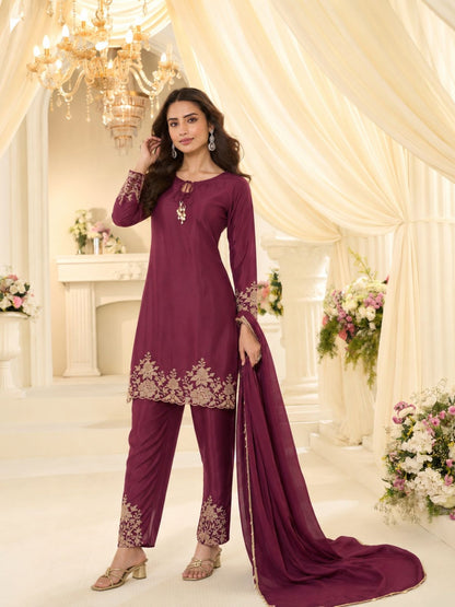 Rajwada Wine Georgette Embroidered Stitched Kurta Set For Women