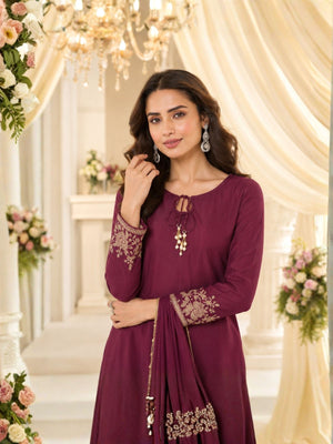 Rajwada Wine Georgette Embroidered Stitched Kurta Set For Women