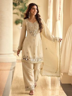 Rajwada Beige Silk Embellished Stitched Kurta Set For Women