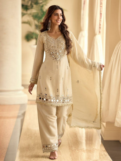 Rajwada Beige Silk Embellished Stitched Kurta Set For Women