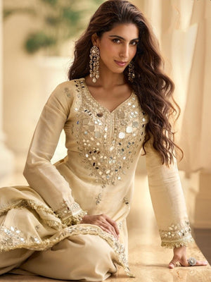 Rajwada Beige Silk Embellished Stitched Kurta Set For Women