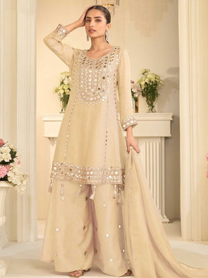 Rajwada Beige Silk Embellished Stitched Kurta Set For Women