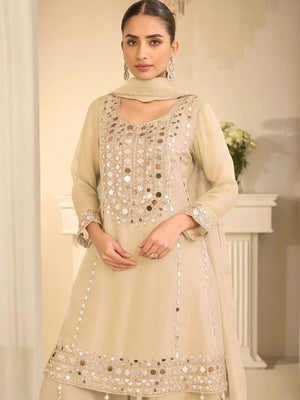 Rajwada Beige Silk Embellished Stitched Kurta Set For Women