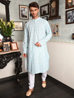 Rajwada Blue Embroidered Cotton Traditional Kurta Set For Men