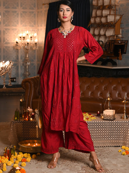 Rajwada Women Maroon Cotton Chikankari Mukaish Work Embroidered Stitched Kurta And Palazzo