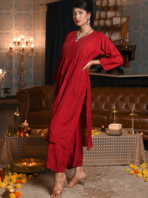 Rajwada Women Maroon Cotton Chikankari Mukaish Work Embroidered Stitched Kurta And Palazzo