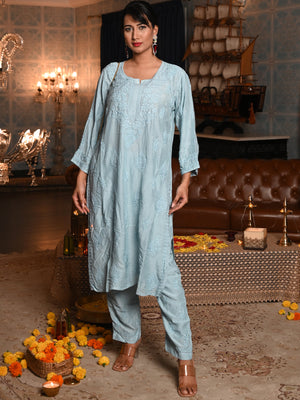 Rajwada Women Blue Cotton Viscose Chikankari Embroidered Stitched Kurta With Pant