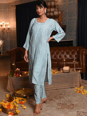 Rajwada Women Blue Cotton Viscose Chikankari Embroidered Stitched Kurta With Pant
