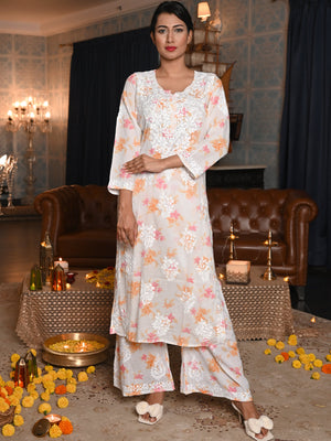 Rajwada Women White Floral Printed Cotton Voile Chikankari Embroidered Stitched Kurta With Palazzo