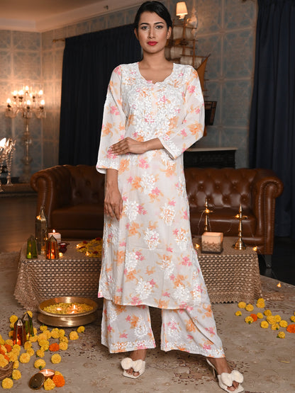 Rajwada Women White Floral Printed Cotton Voile Chikankari Embroidered Stitched Kurta With Palazzo