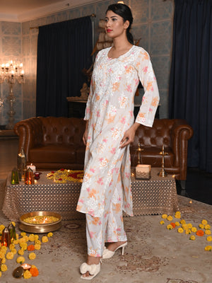 Rajwada Women White Floral Printed Cotton Voile Chikankari Embroidered Stitched Kurta With Palazzo