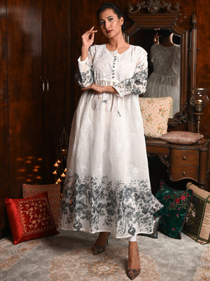 Rajwada Women White Printed Cotton Voile Chikankari Embroidered Stitched Long Kurta