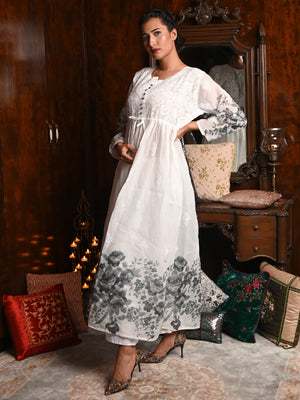 Rajwada Women White Printed Cotton Voile Chikankari Embroidered Stitched Long Kurta