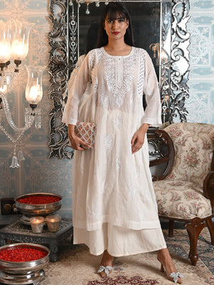 Rajwada Women Off White Cotton Voile Chikankari Mukaish Work Embroidered Stitched with dupatta