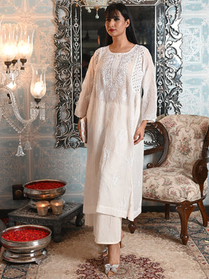 Rajwada Women Off White Cotton Voile Chikankari Mukaish Work Embroidered Stitched with dupatta