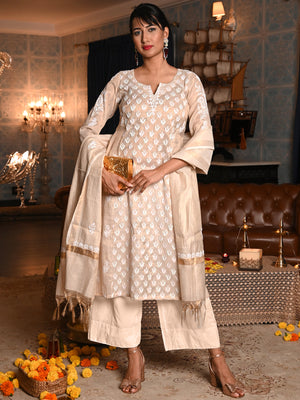 Rajwada Women Beige Shimmered Polyester Voile Chikankari Beads Embroidered Stitched Kurta with Dupatta