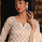 Rajwada Women Beige Shimmered Polyester Voile Chikankari Beads Embroidered Stitched Kurta with Dupatta