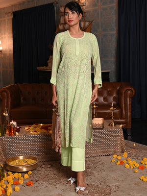 Rajwada Women Light Green Georgette Chikankari Beads Embroidered Stitched Kurta
