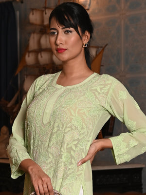 Rajwada Women Light Green Georgette Chikankari Beads Embroidered Stitched Kurta