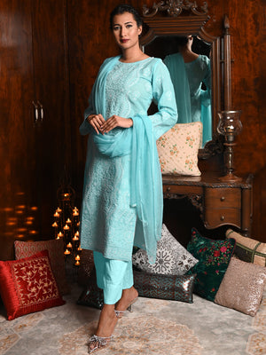 Rajwada Women Blue Cotton Chikankari Embroidered Stitched Kurta With Dupatta