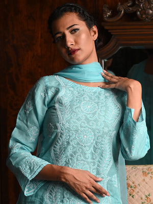 Rajwada Women Blue Cotton Chikankari Embroidered Stitched Kurta With Dupatta