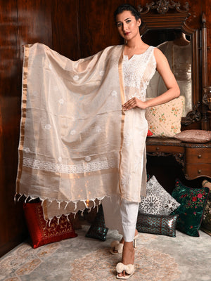 Rajwada Women Beige Shimmered Polyester Voile Chikankari Embroidered Stitched Kurta with dupatta