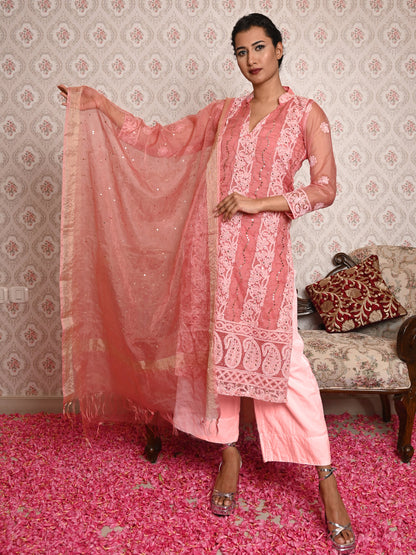 Rajwada Women Mauve Organza Chikankari Mukaish Work Embroidered Stitched Kurta With Dupatta