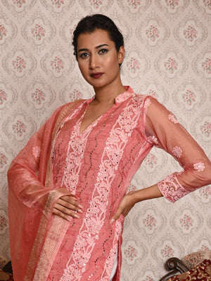 Rajwada Women Mauve Organza Chikankari Mukaish Work Embroidered Stitched Kurta With Dupatta