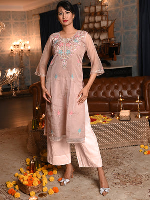 Rajwada Women Beige Organza Chikankari Beads Embroidered Unstitched Kurta
