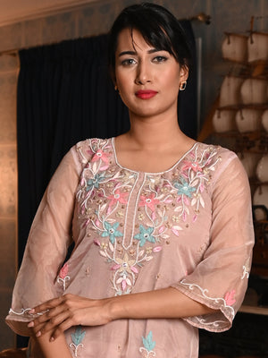 Rajwada Women Beige Organza Chikankari Beads Embroidered Unstitched Kurta