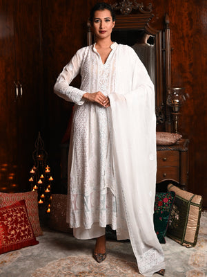 Rajwada Women White Georgette Chikankari Beads Embroidered Stitched Kurta with Dupatta