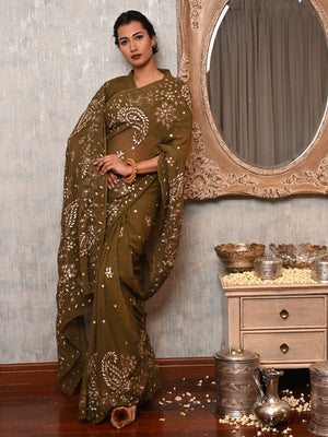 Rajwada Women Olive Green Georgette Gotapatti And Mukaish Work Chikankari Embroidered Saree With Unstitched Blouse