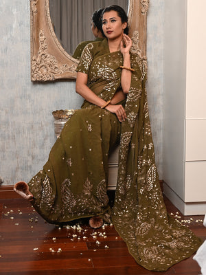 Rajwada Women Olive Green Georgette Gotapatti And Mukaish Work Chikankari Embroidered Saree With Unstitched Blouse