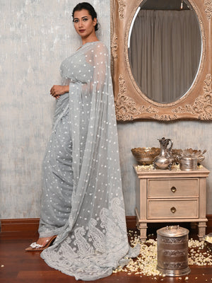 Rajwada Women Grey Georgette Chikankari Embroidered Saree With Unstitched Blouse