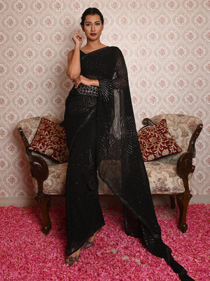Rajwada Women Black Georgette Golden Mukaish Work Saree With Unstitched Blouse