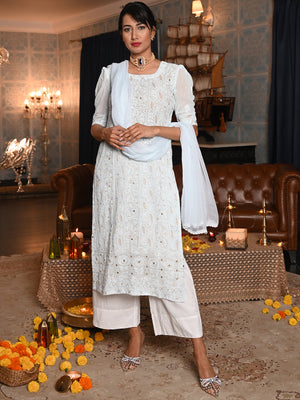 Rajwada Women Light Blue Georgette Chikankari Beads Embroidered Stitched Kurta With Dupatta