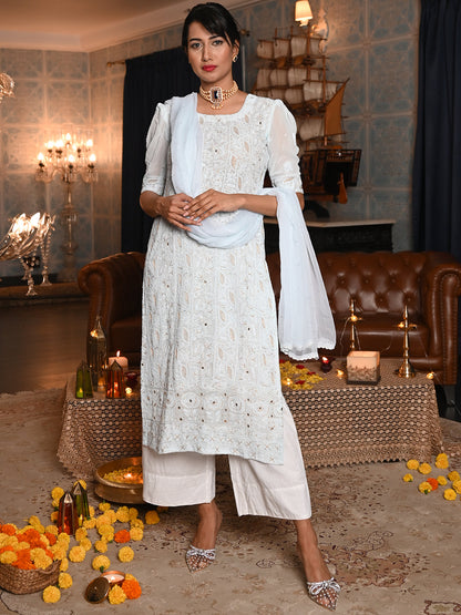 Rajwada Women Light Blue Georgette Chikankari Beads Embroidered Stitched Kurta With Dupatta