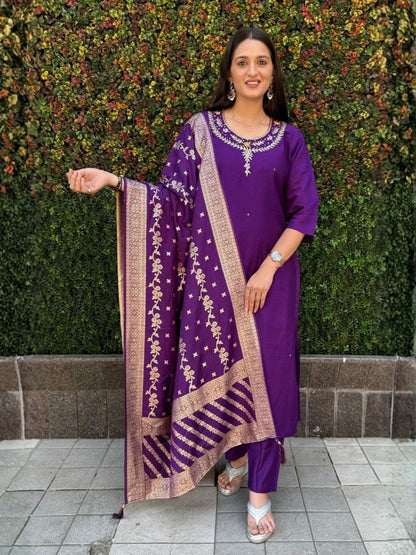 Rajwada Royal Purple Silk Blend Embroidered Kurta Set For Women