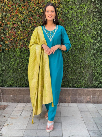 Rajwada Blue Silk Blend Embroidered Kurta Set For Women