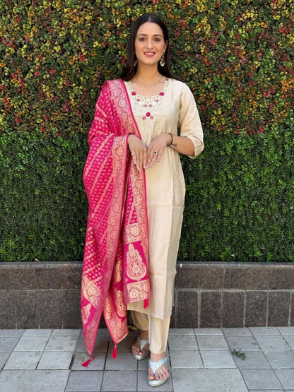 Rajwada Cream Silk Blend Embroidered Kurta Set For Women