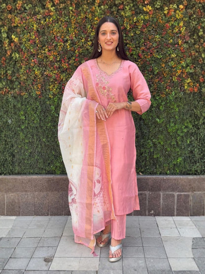 Rajwada Light Pink Silk Blend Embroidered Kurta Set For Women